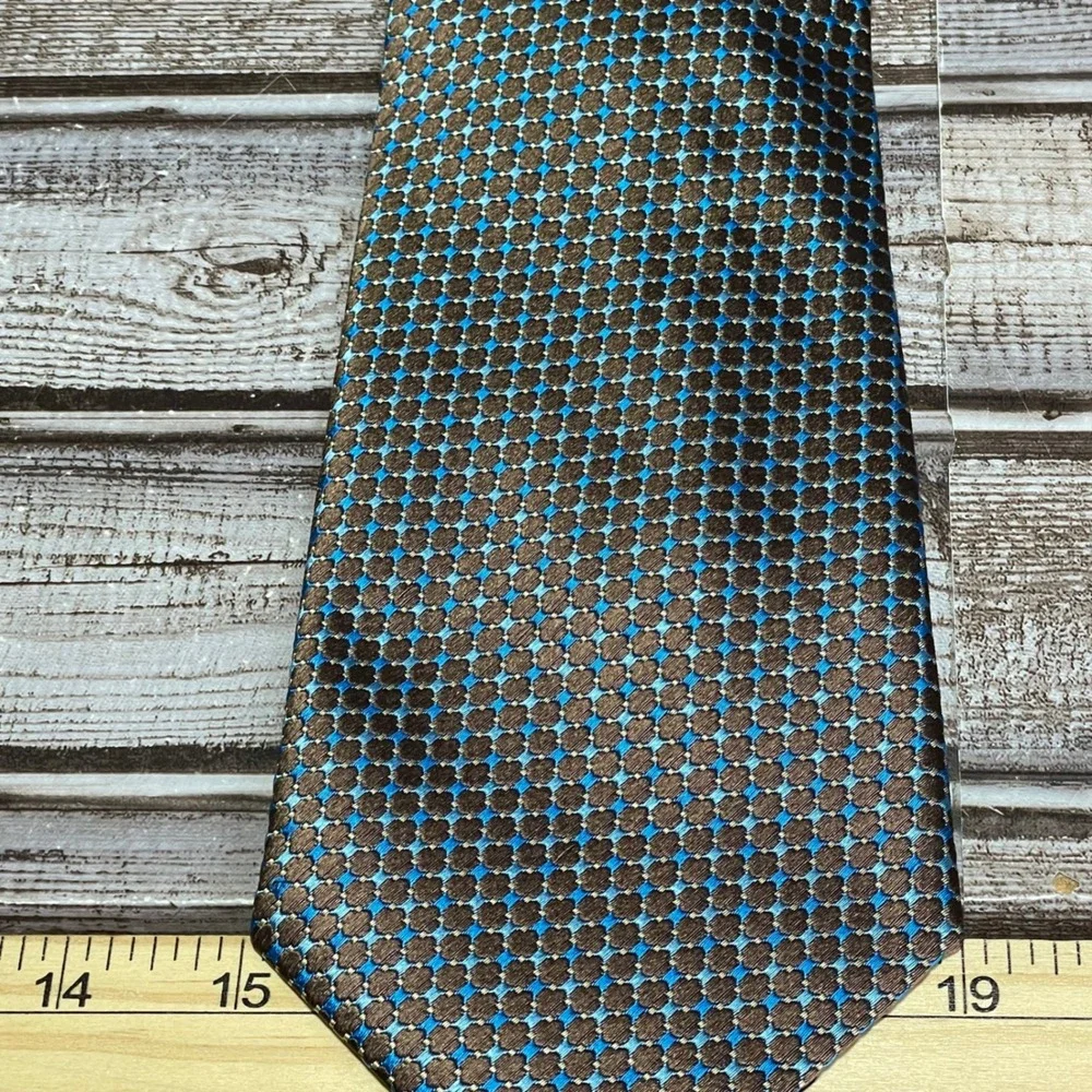 Jhane Barnes NWT Mens Silk Geometric Pattern‎ Tie Blue Brown Luxury Necktie